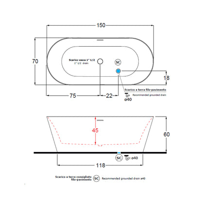 Vasca da bagno modello Inka 150x70cm in acrilico bianco opaco by CeramicStore | Lo specialista del tuo bagno