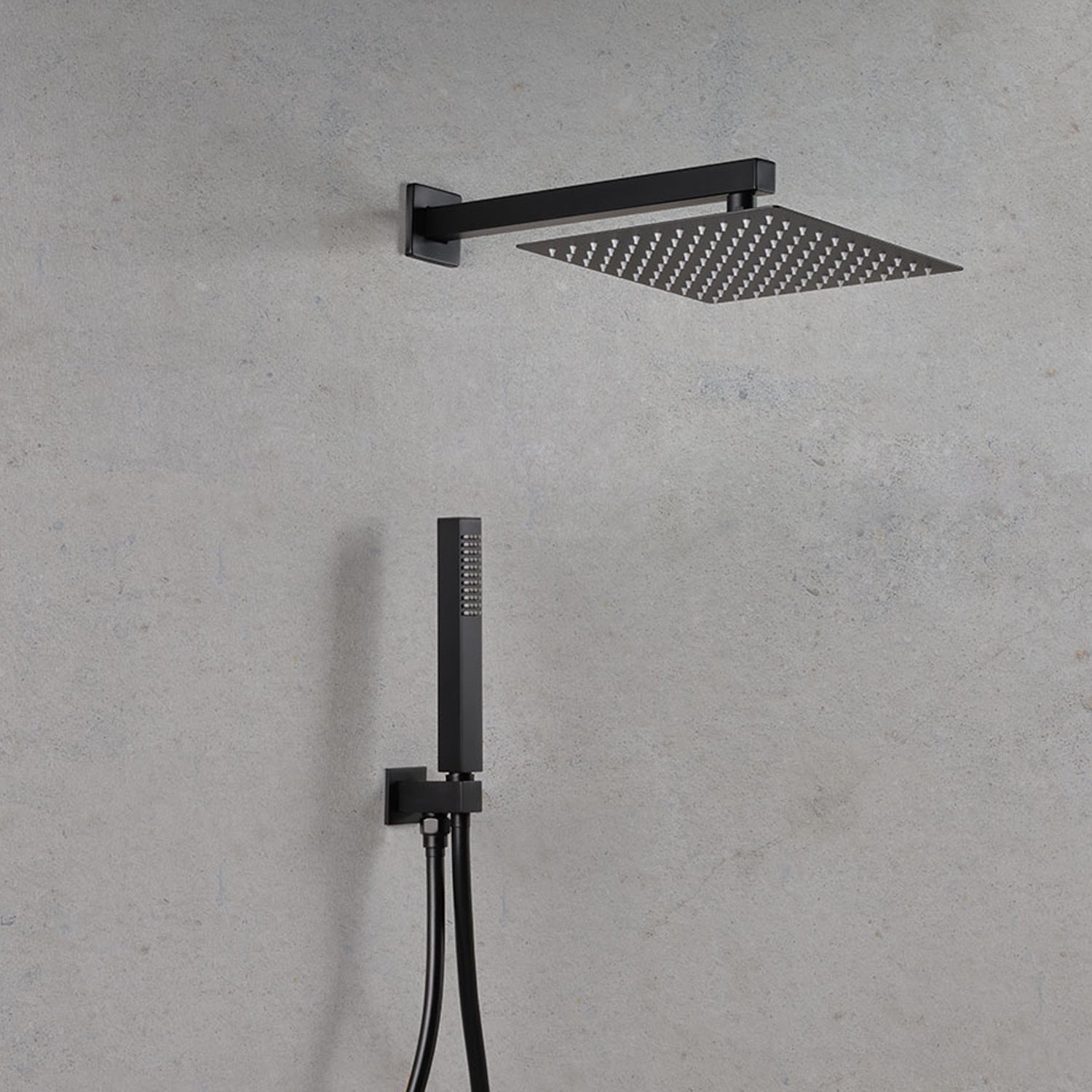 Set doccia quadro con soffione 30x30 cm, doccetta Amy, presa acqua e flessibile nero opaco Ares by CeramicStore | Lo specialista del tuo bagno