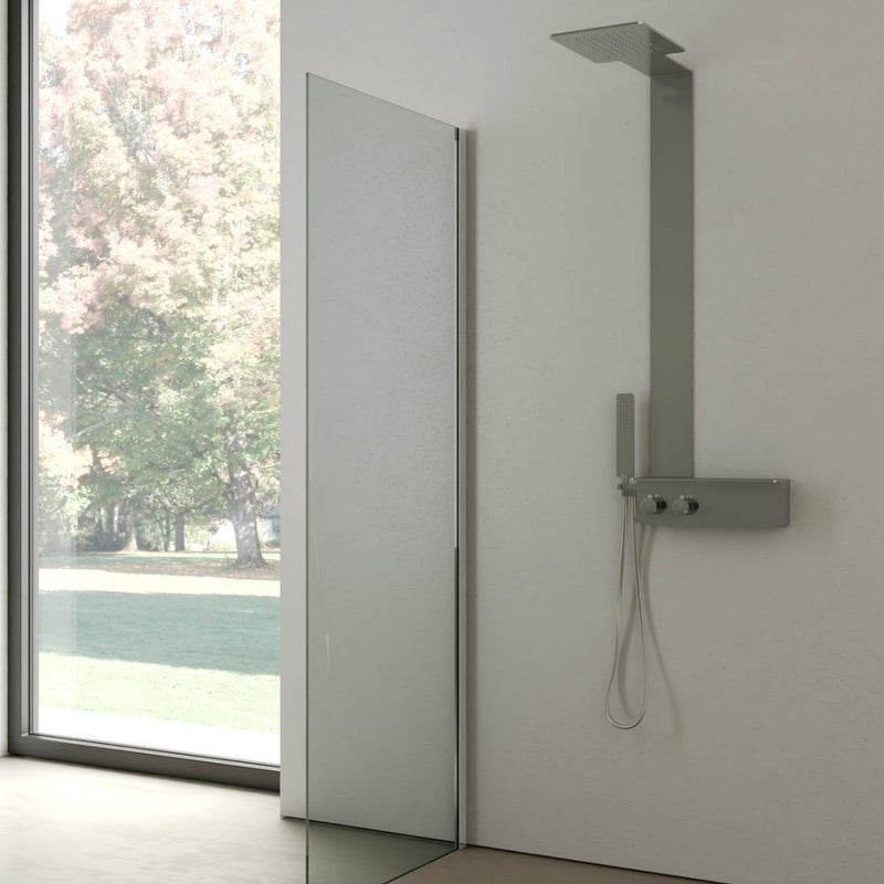 Pannello Doccia con ripiano portaoggetti sinistro realizzato in acciaio inox spazzolato completo di deviatore a 2 vie by CeramicStore | Lo specialista del tuo bagno