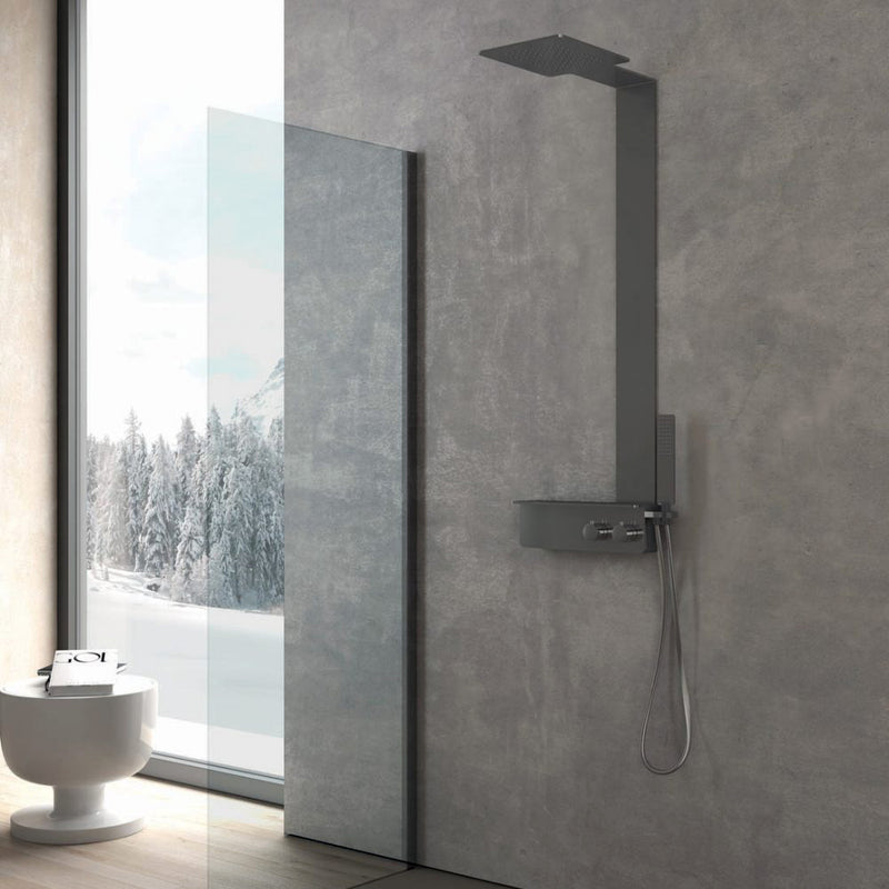 Pannello Doccia con ripiano portaoggetti destro realizzato in acciaio inox spazzolato completo di deviatore a 2 vie by CeramicStore | Lo specialista del tuo bagno