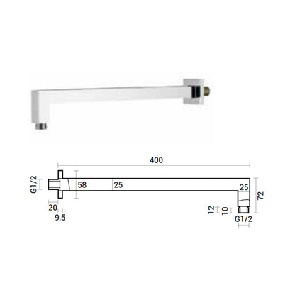Braccio doccia quadro lungo 40 cm in ottone cromato lucido by CeramicStore | Lo specialista del tuo bagno