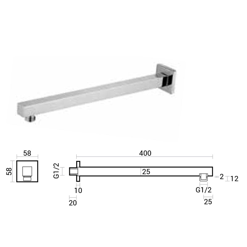 Braccio doccia di forma quadrata lungo 40 cm in ottone cromato lucido by CeramicStore | Lo specialista del tuo bagno