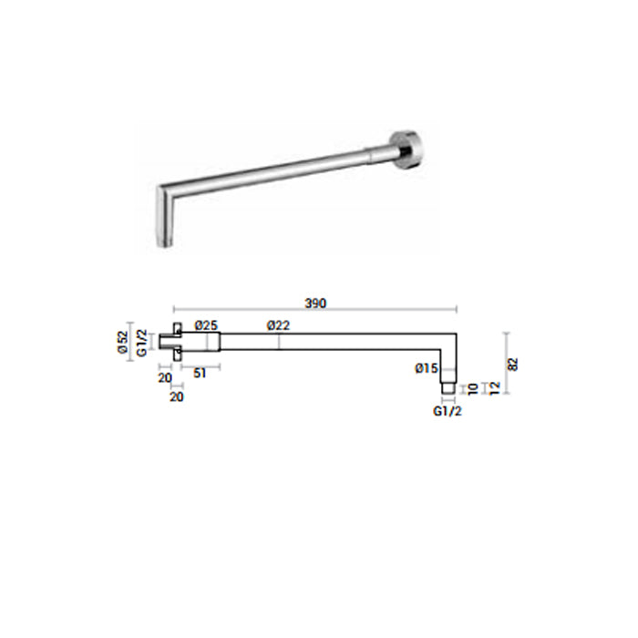 Braccio doccia di forma tonda lungo 39 cm in ottone cromato lucido by CeramicStore | Lo specialista del tuo bagno
