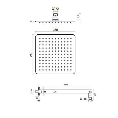 Soffione doccia quadrato 25x25 con braccio in acciaio inox spazzolato spessore 4 mm by CeramicStore | Lo specialista del tuo bagno
