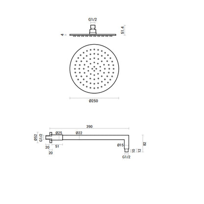 Soffione doccia tondo diametro 25 cm con braccio in acciaio inox spazzolato spessore 4 mm by CeramicStore | Lo specialista del tuo bagno