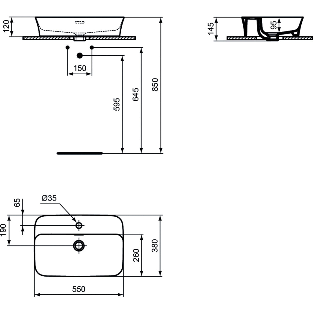 Lavabo da appoggio in Diamatec 55X38 con foro rubinetto Ideal Standard Ipalyss bordo sottile 3 mm