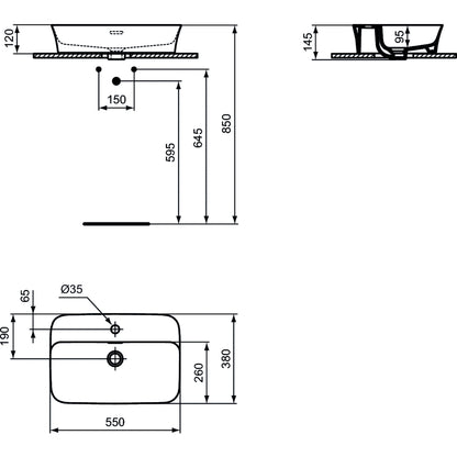 Lavabo da appoggio in Diamatec 55X38 con foro rubinetto Ideal Standard Ipalyss bordo sottile 3 mm