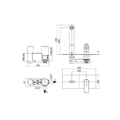 Miscelatore incasso lavabo Paffoni serie Tilt - l. 240 mm - Nero Opaco