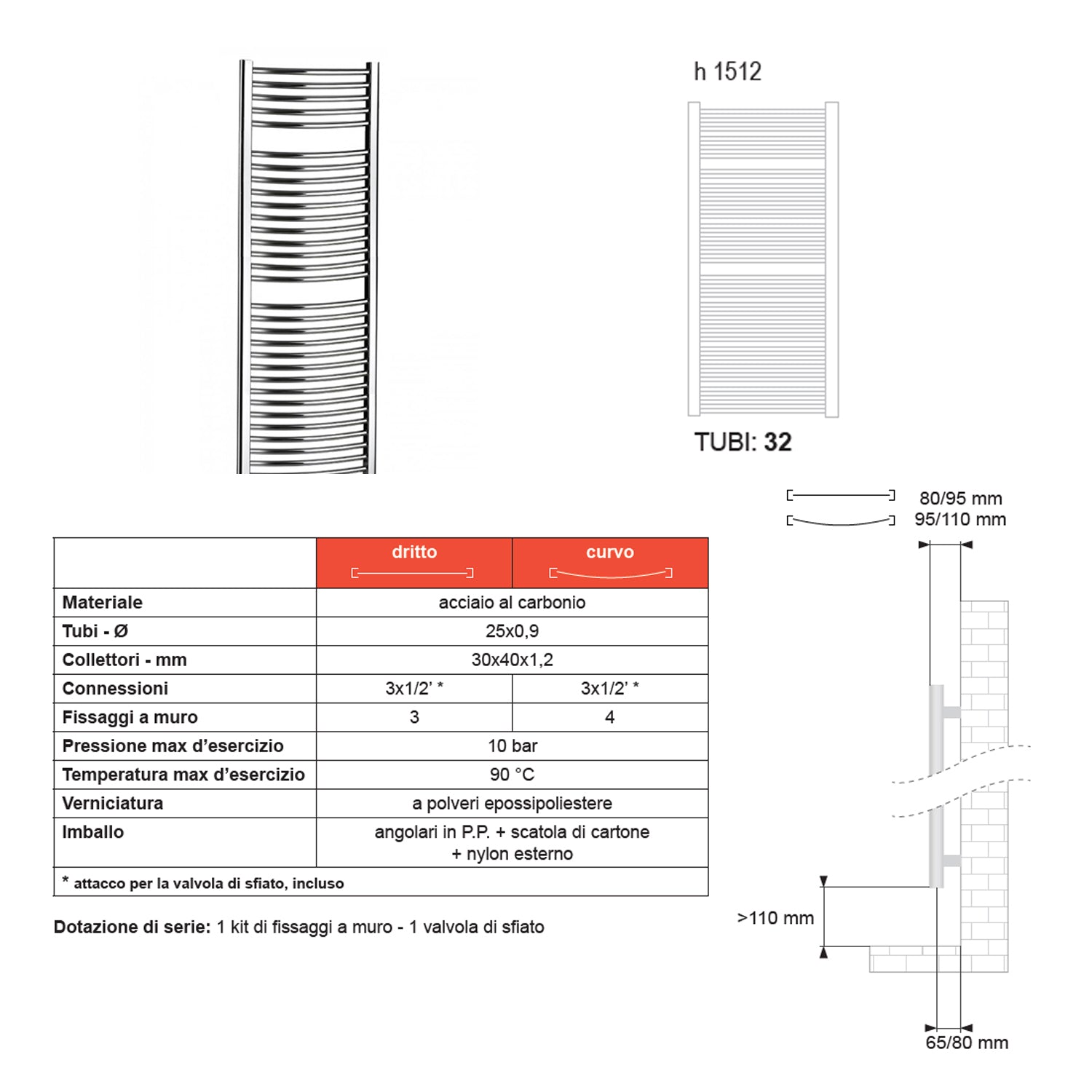 Termoarredo Curvo Roma di Lazzarini 1512x450 interasse 405 - Cromato by CeramicStore | Lo specialista del tuo bagno