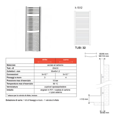 Termoarredo Curvo Roma di Lazzarini 1512x450 interasse 405 - Cromato by CeramicStore | Lo specialista del tuo bagno