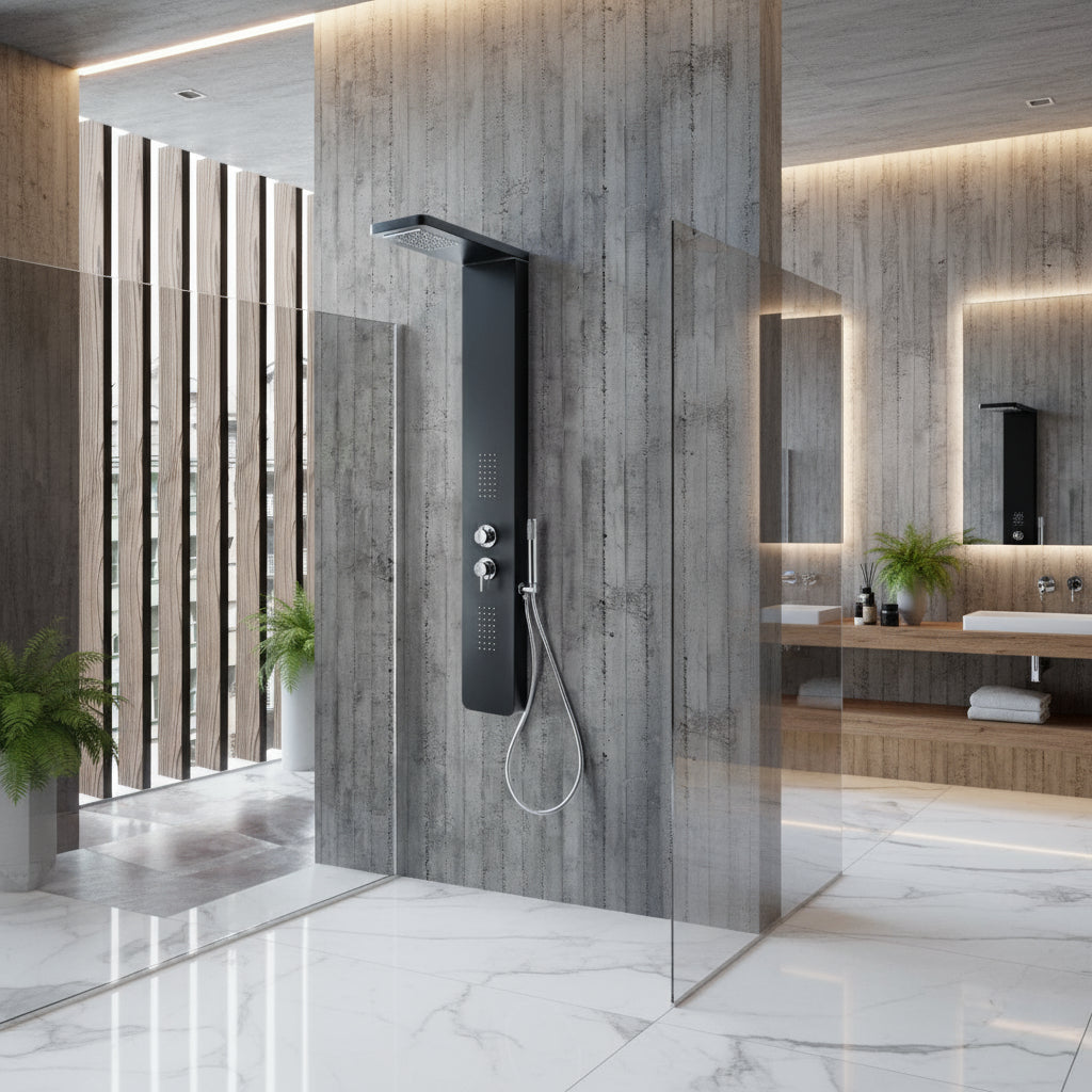 Pannello doccia idromassaggio a cascata modello Monte Baldo di Weiss Stern - Nero by CeramicStore | Lo specialista del tuo bagno