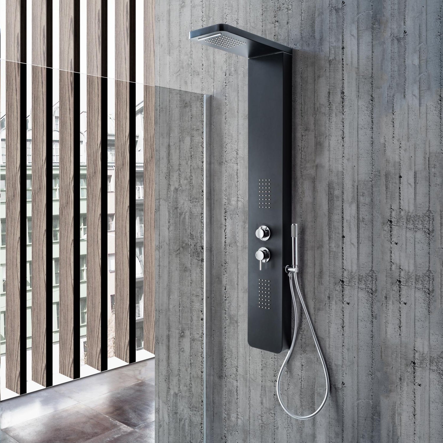 Pannello doccia idromassaggio a cascata modello Monte Baldo di Weiss Stern - Nero by CeramicStore | Lo specialista del tuo bagno