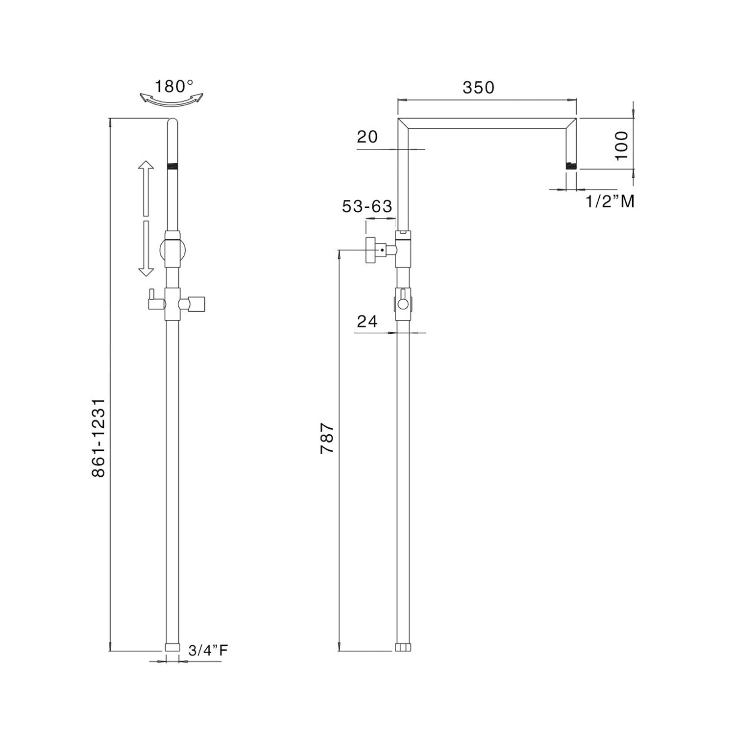 Colonna doccia tonda 2,4cm in ottone con supporto, deviatore e attacco 3/4F by CeramicStore | Lo specialista del tuo bagno