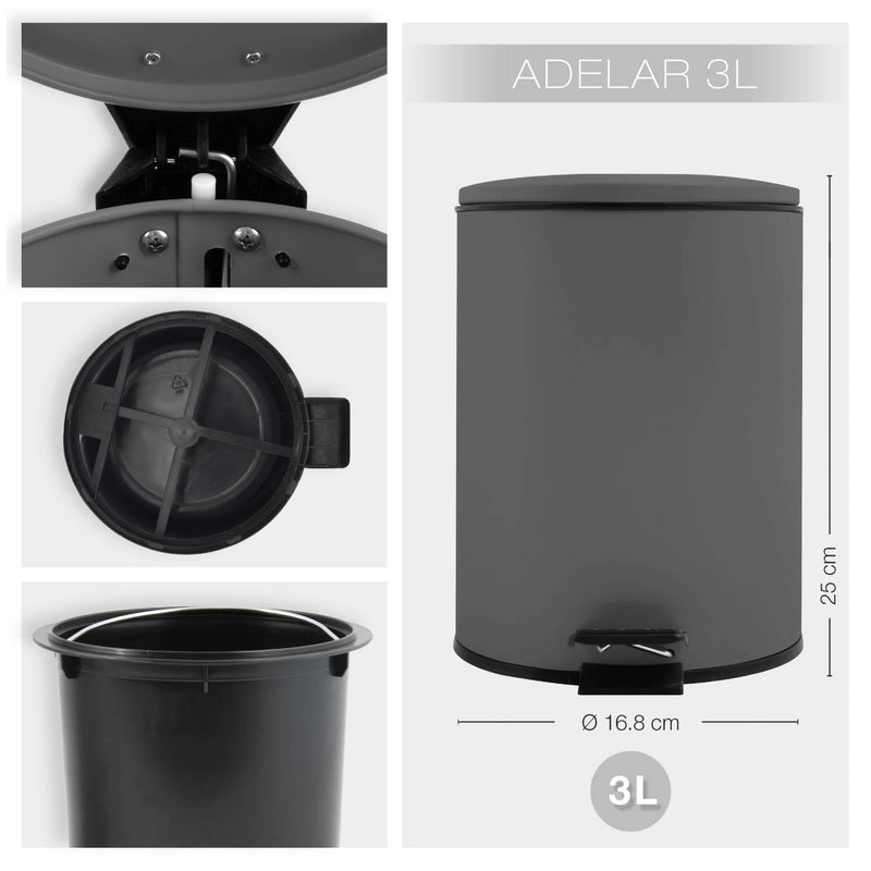 Pattumiera a pedale modello Adelar capienza 3 Litri colore grigio opaco by CeramicStore | Lo specialista del tuo bagno
