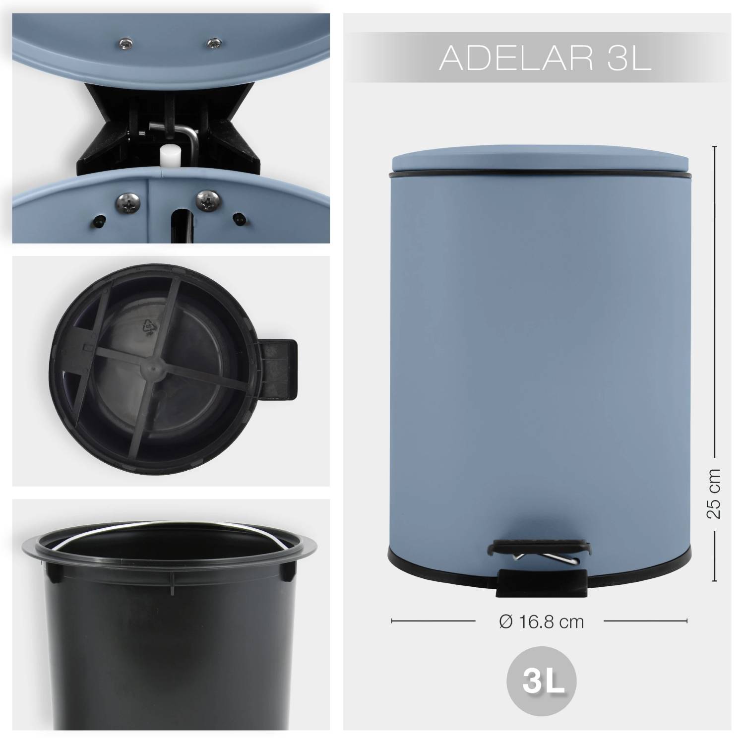Pattumiera a pedale modello Adelar in acciaio capienza 3 litri colore blu opaco by CeramicStore | Lo specialista del tuo bagno