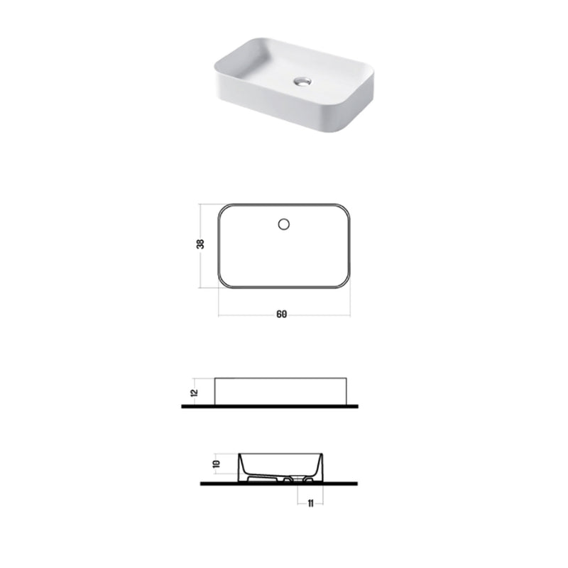 Lavabo da appoggio rettangolare 60x38cm in ceramica bianca lucida serie Slim Disegno-Ceramica
