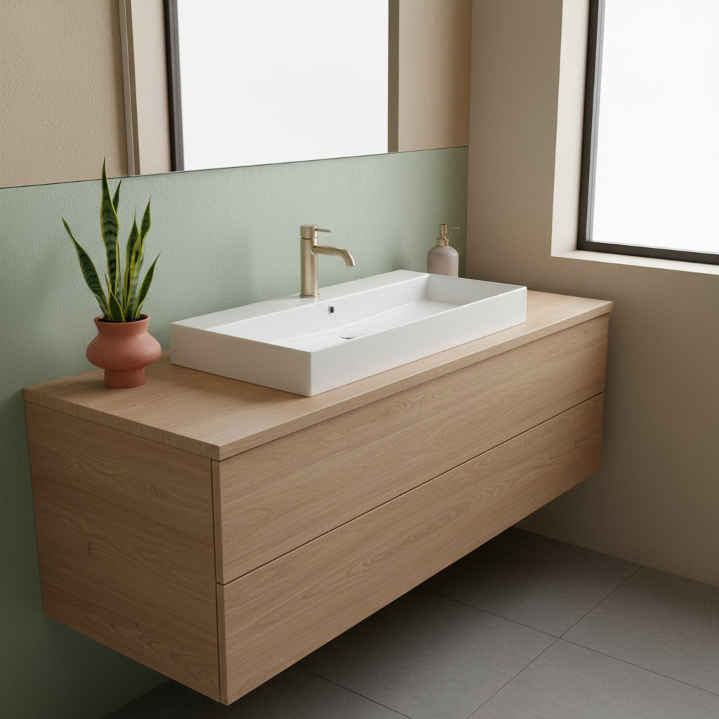 Lavabo rettangolare da appoggio o sospeso in ceramica bianca lucida 100x40 cm con foro per rubinetto Disegno-Ceramica