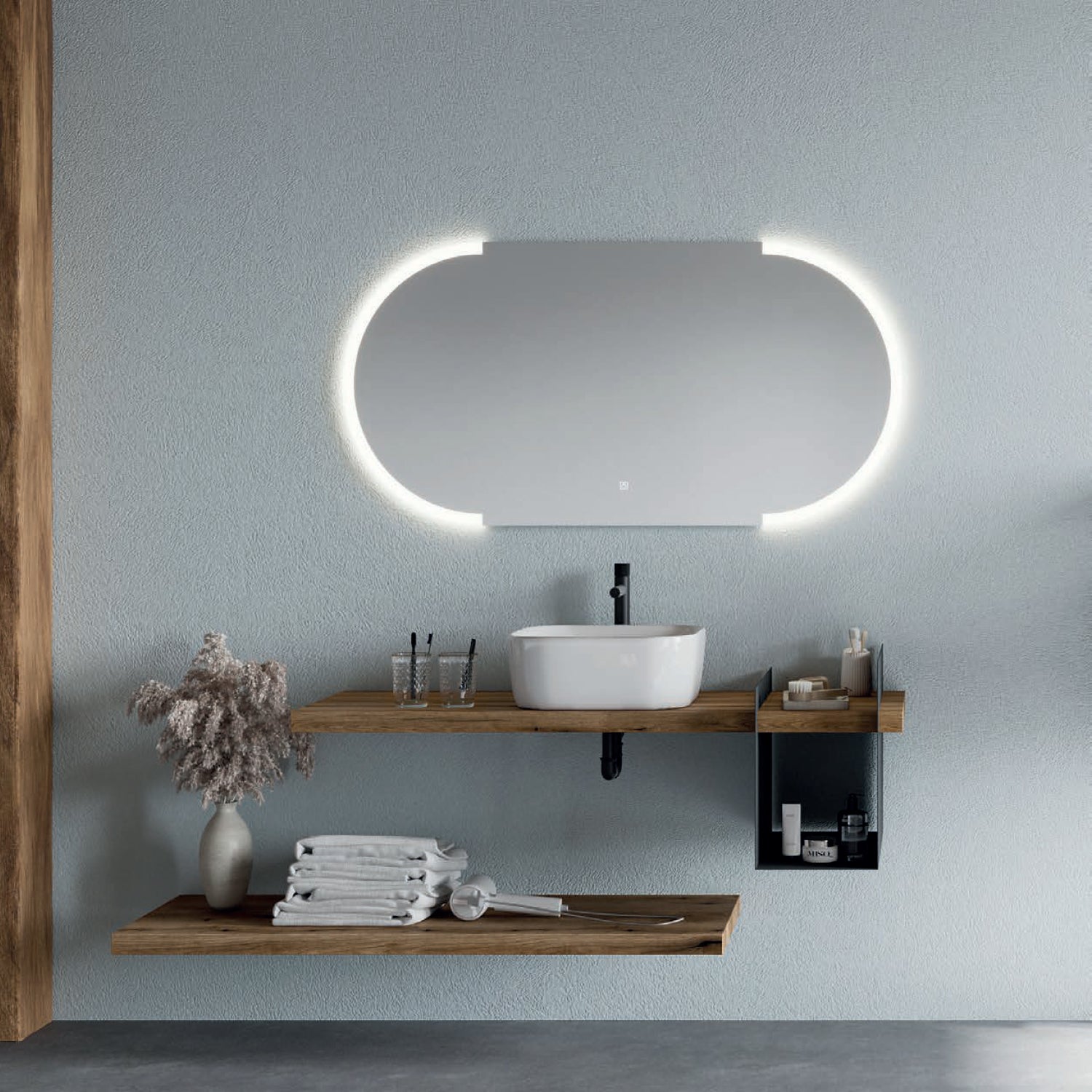 Mobile bagno a giorno con mensole 120 cm rovere naturale, lavabo d'appoggio e specchio led Cubi&Co Destiny 6 by CeramicStore | Lo specialista del tuo bagno