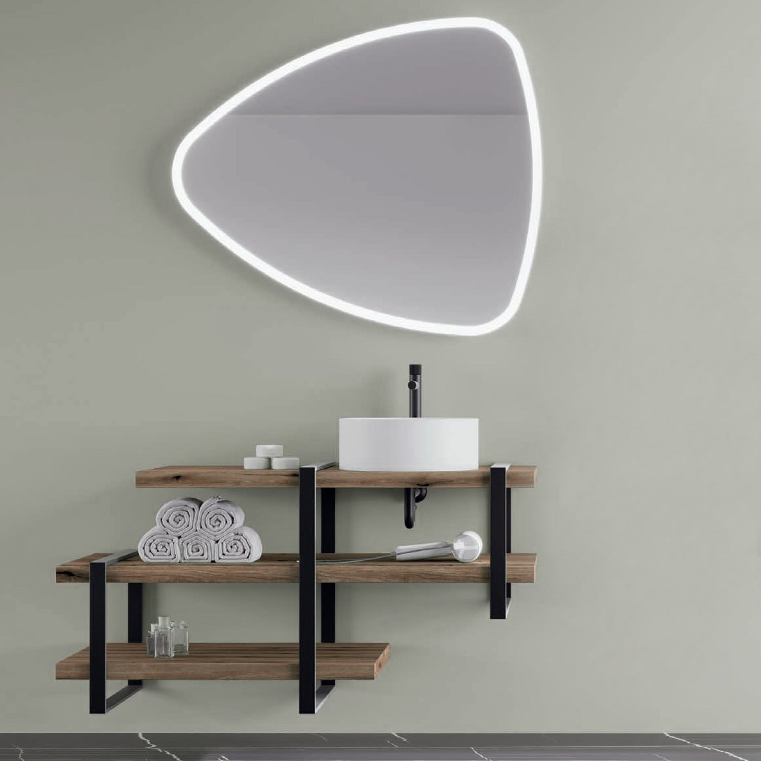 Mobile bagno con mensole a giorno rovere naturale, lavabo d'appoggio e specchio led Cubi&Co Destiny 7 by CeramicStore | Lo specialista del tuo bagno