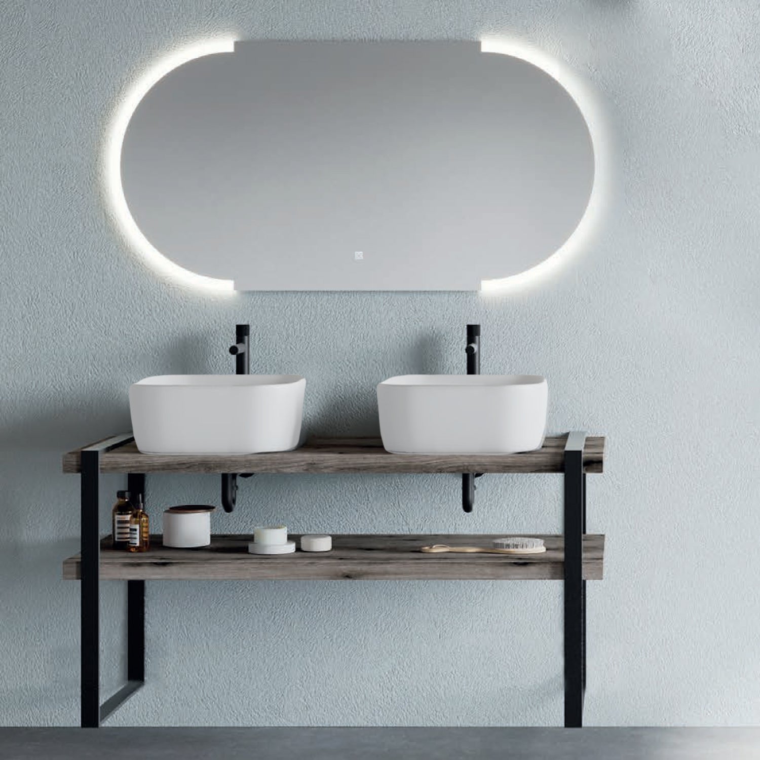 Mobile bagno sospeso doppio lavabo d'appoggio e specchio led con mensole rovere fossile Cubi&Co Destiny 8 by CeramicStore | Lo specialista del tuo bagno