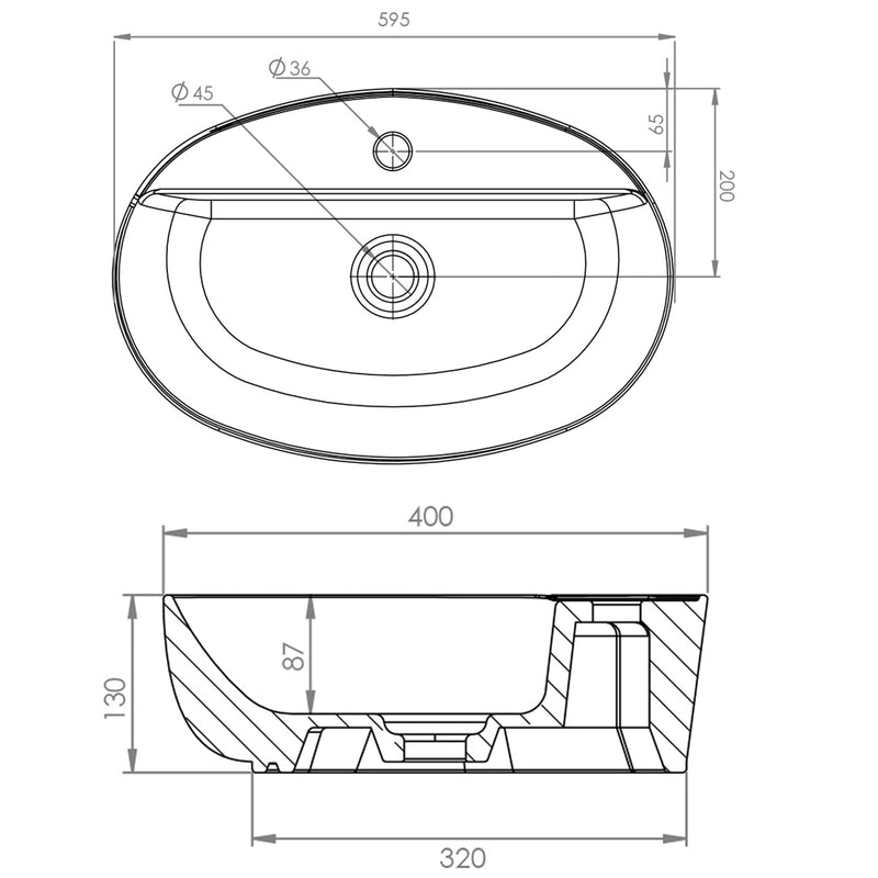 Lavabo d'appoggio ovale senza troppo pieno con foro rubinetto Linpha Sanitary cm 60x40