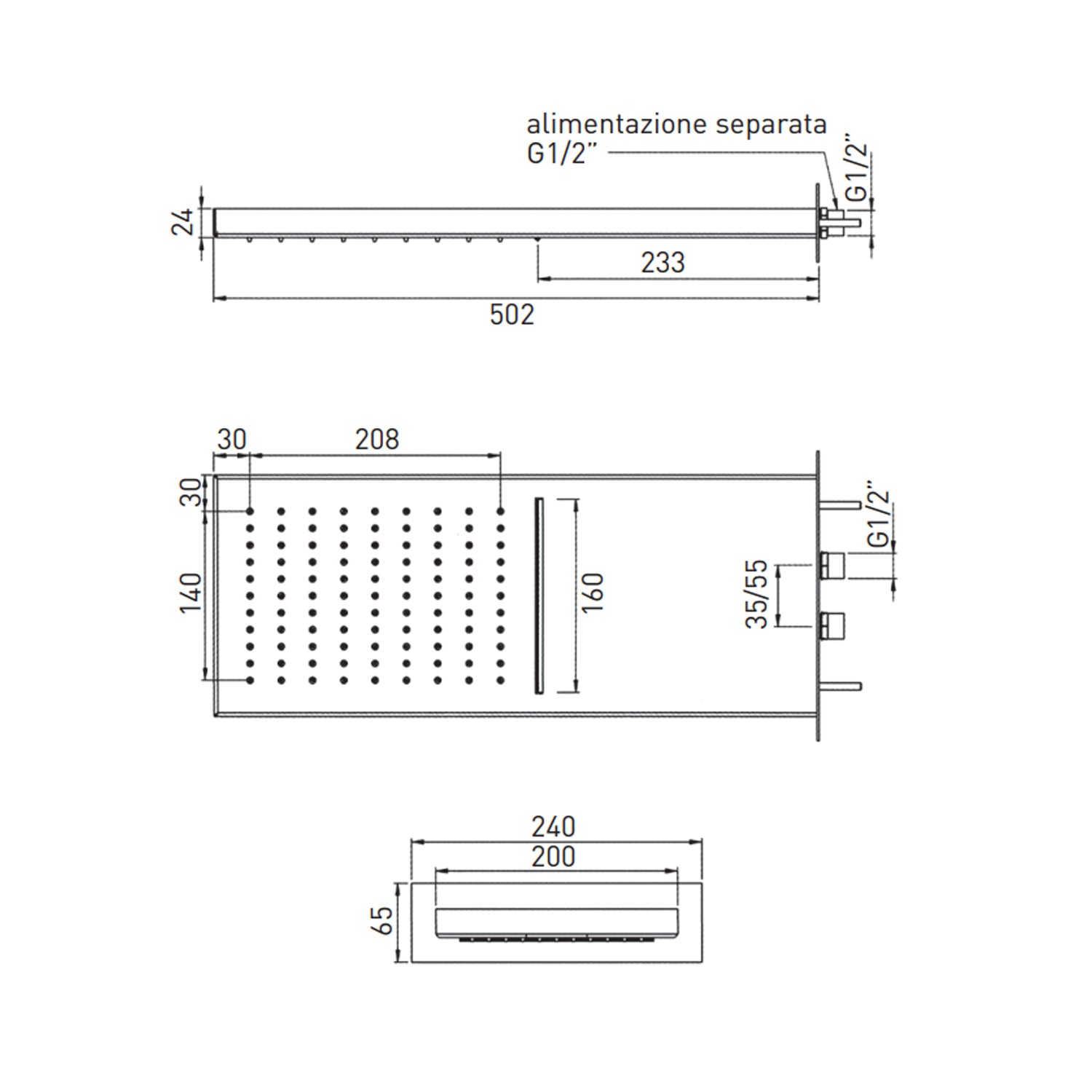 Kit doccia completo in acciaio inox cromato con soffione rettangolare pioggia e cascata Keller Taps by CeramicStore | Lo specialista del tuo bagno