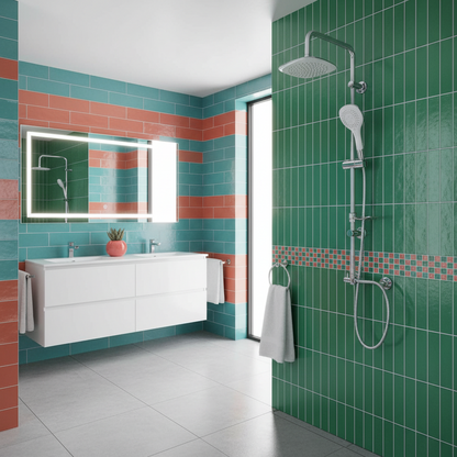 Colonna doccia in acciaio con soffione, doccino e supporti a muro