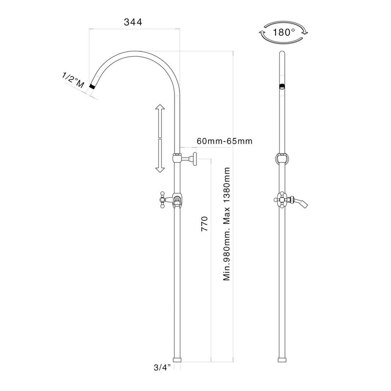 Colonna doccia tonda 2,2cm in ottone con supporto, deviatore e attacco 3/4F by CeramicStore | Lo specialista del tuo bagno