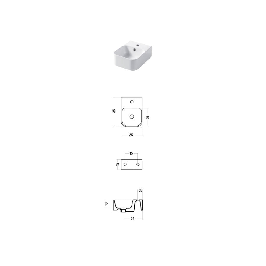 Lavabo rettangolare da appoggio o sospeso in ceramica bianca lucida 25x35cm serie Slim Disegno ceramica