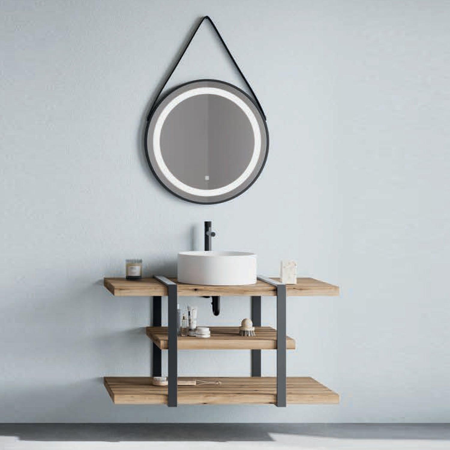 Mobile bagno sospeso con lavabo d'appoggio e specchio led con 3 mensole rovere fossile Cubi&Co Destiny 9 by CeramicStore | Lo specialista del tuo bagno