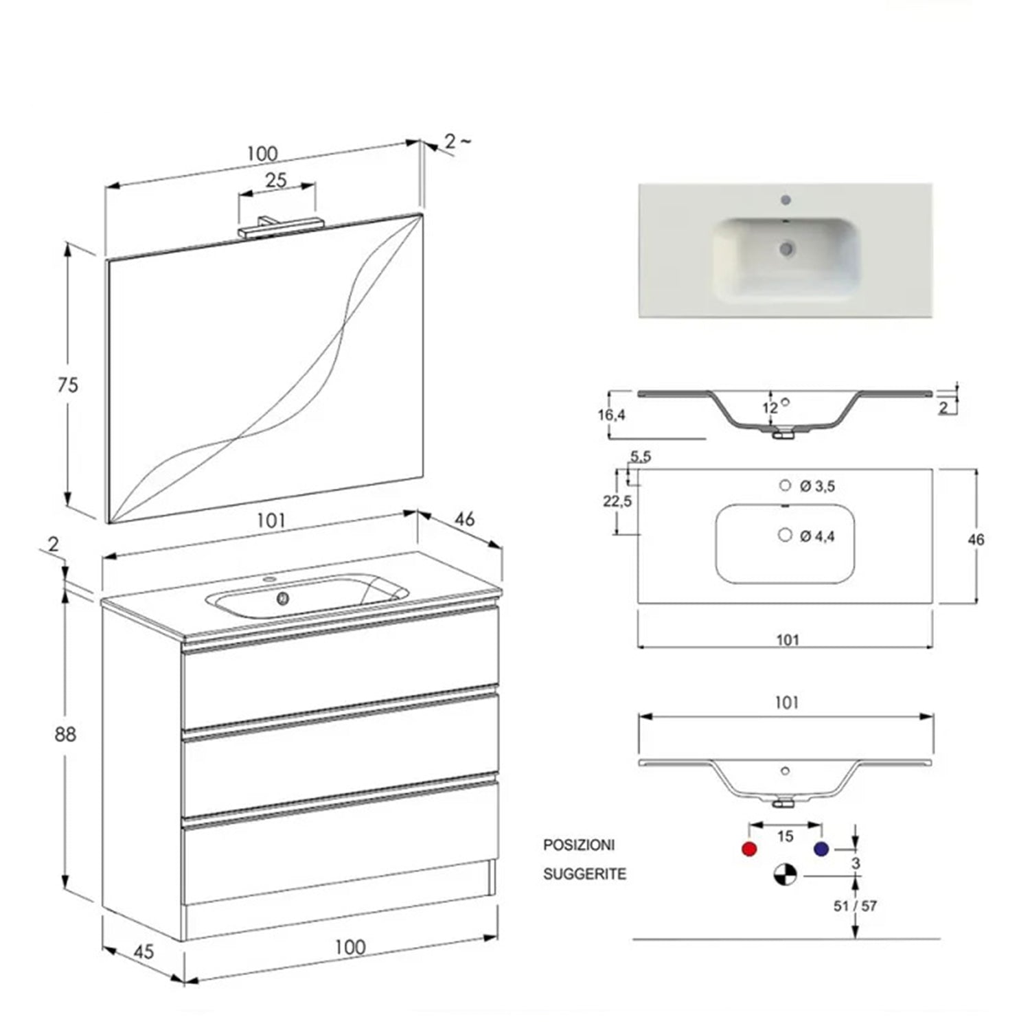 Composizione bagno sospesa Nexu 3 cassetti con lavabo specchio con lampada LED 100x90 cm - Grigio by CeramicStore | Lo specialista del tuo bagno
