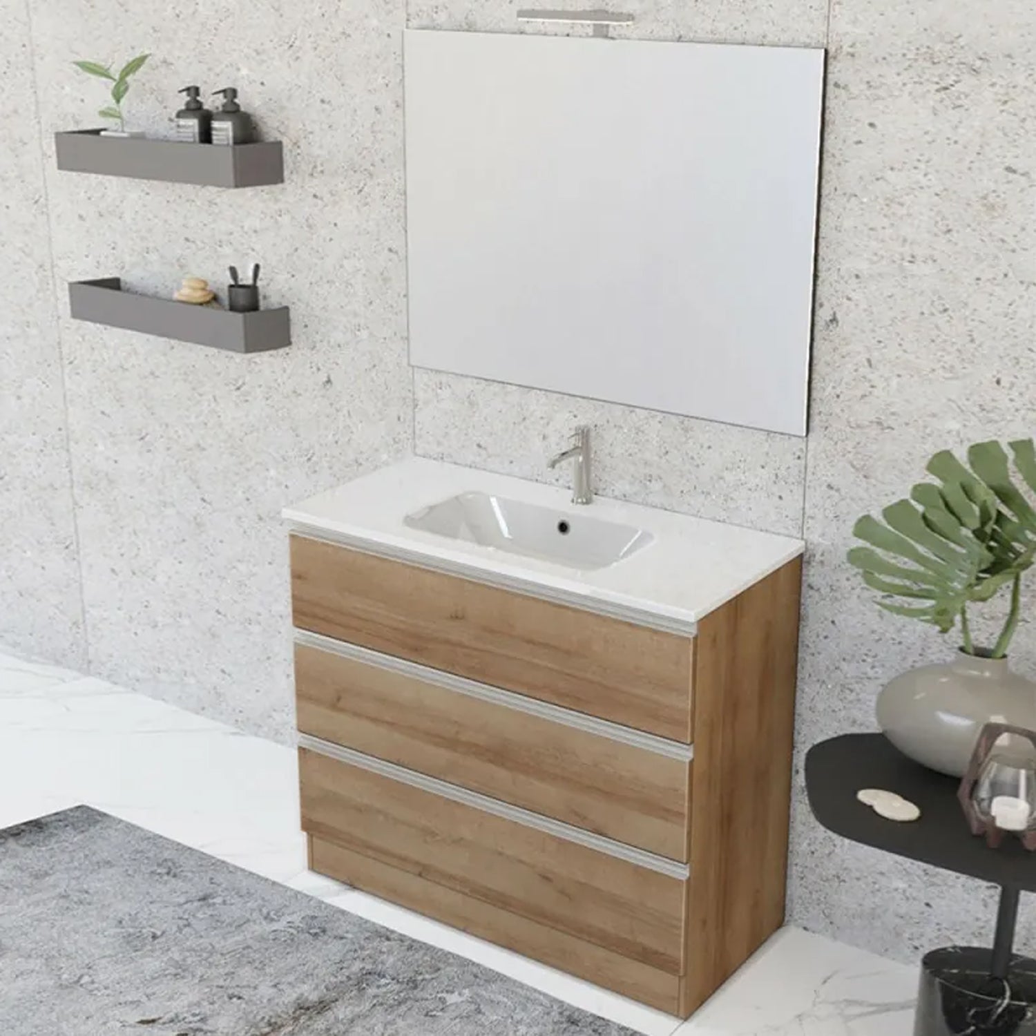Composizione bagno sospesa Nexu 3 cassetti con lavabo specchio con lampada LED 100x90 cm - Rovere by CeramicStore | Lo specialista del tuo bagno