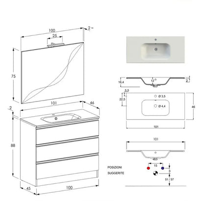Composizione bagno sospesa Nexu 3 cassetti con lavabo specchio con lampada LED 100x90 cm - Rovere by CeramicStore | Lo specialista del tuo bagno