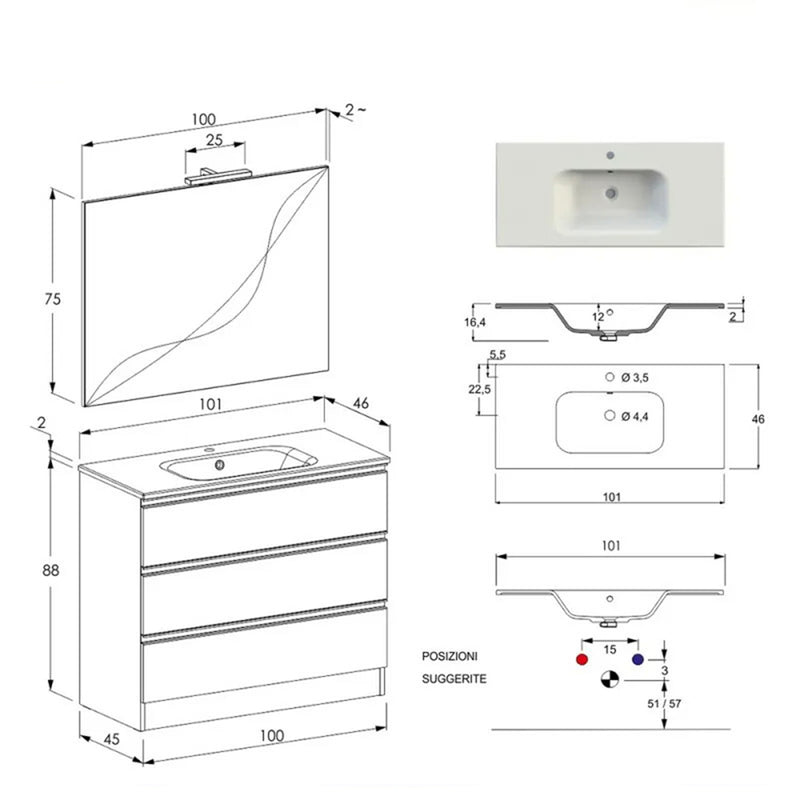 Composizione bagno sospesa Nexu 3 cassetti con lavabo specchio con lampada LED 100x90 cm - Rovere by CeramicStore | Lo specialista del tuo bagno