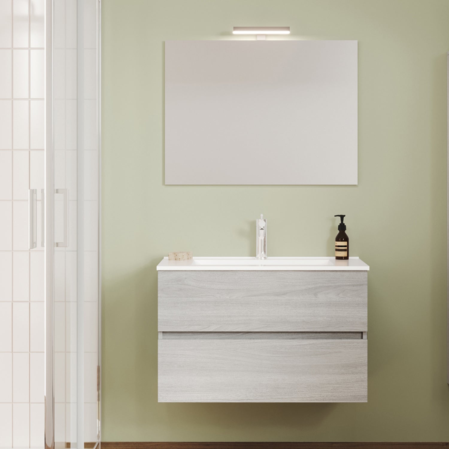 Mobile bagno sospeso 80 cm con specchiera e lavabo integrato Cubi&Co modello Symmetry Classic 2 - Rovere Grigio by CeramicStore | Lo specialista del tuo bagno
