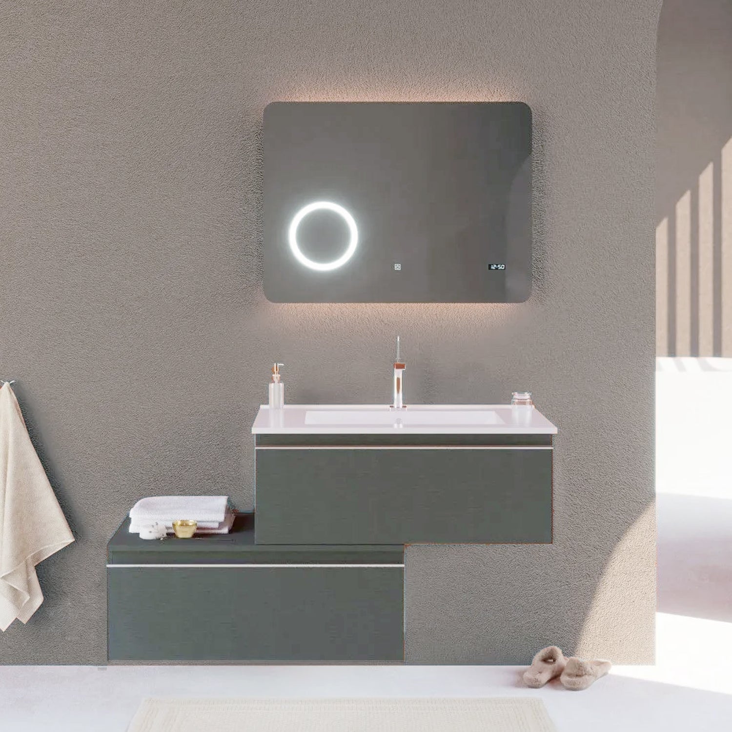 Mobile bagno sospeso a due cassetti con lavabo, specchio digitale cm 80 colore Lino- Cubi&Co modello Incanto 1 by CeramicStore | Lo specialista del tuo bagno