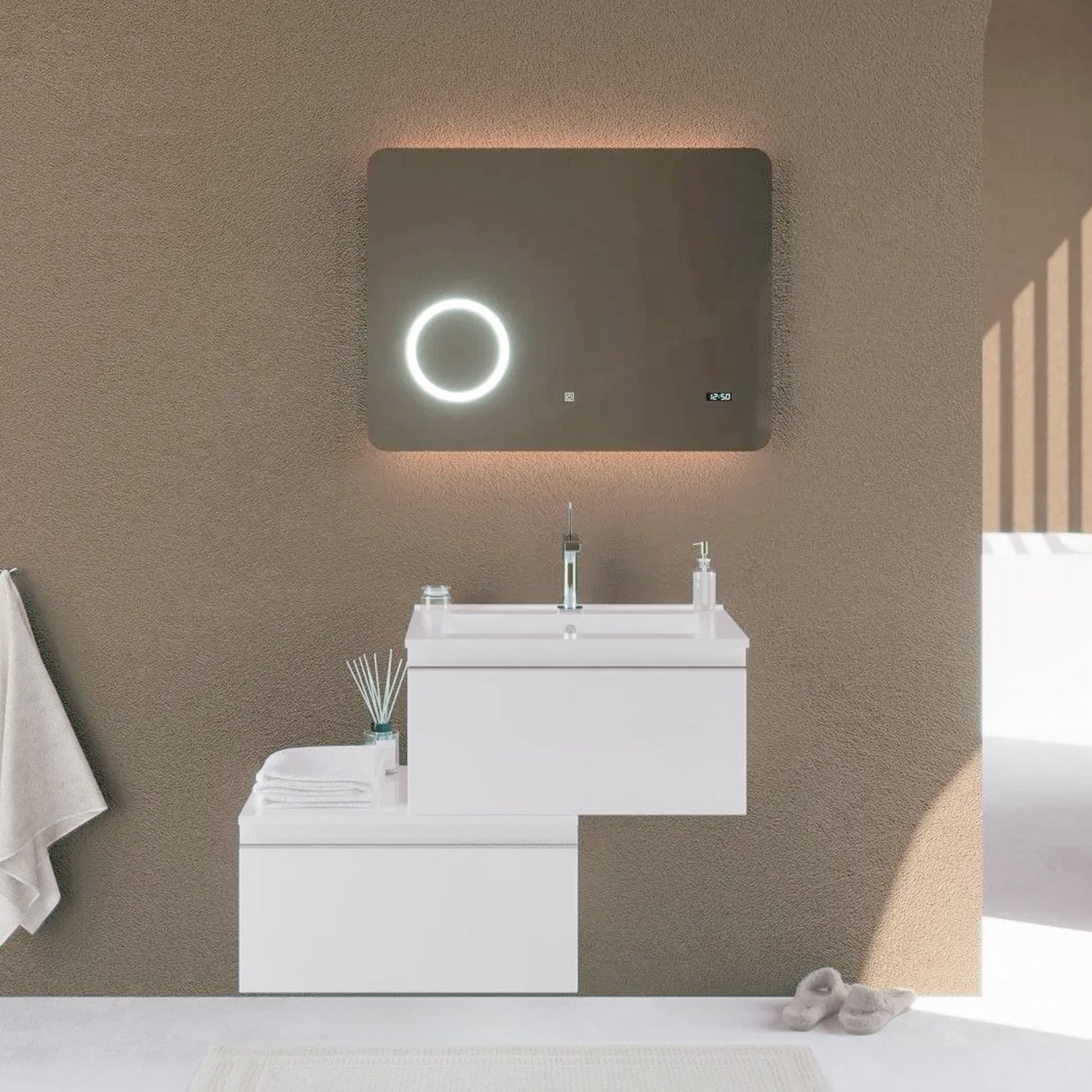 Mobile bagno sospeso a due cassetti con lavabo, specchio digitale cm 80 colore bianco opaco- Cubi&Co modello Incanto 1 by CeramicStore | Lo specialista del tuo bagno