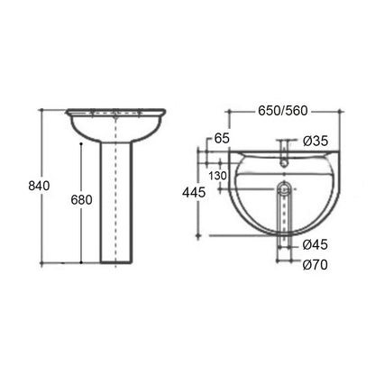Lavabo Serie Kaila Monoforo con troppopieno L. 65 cm in Ceramica Bianca
