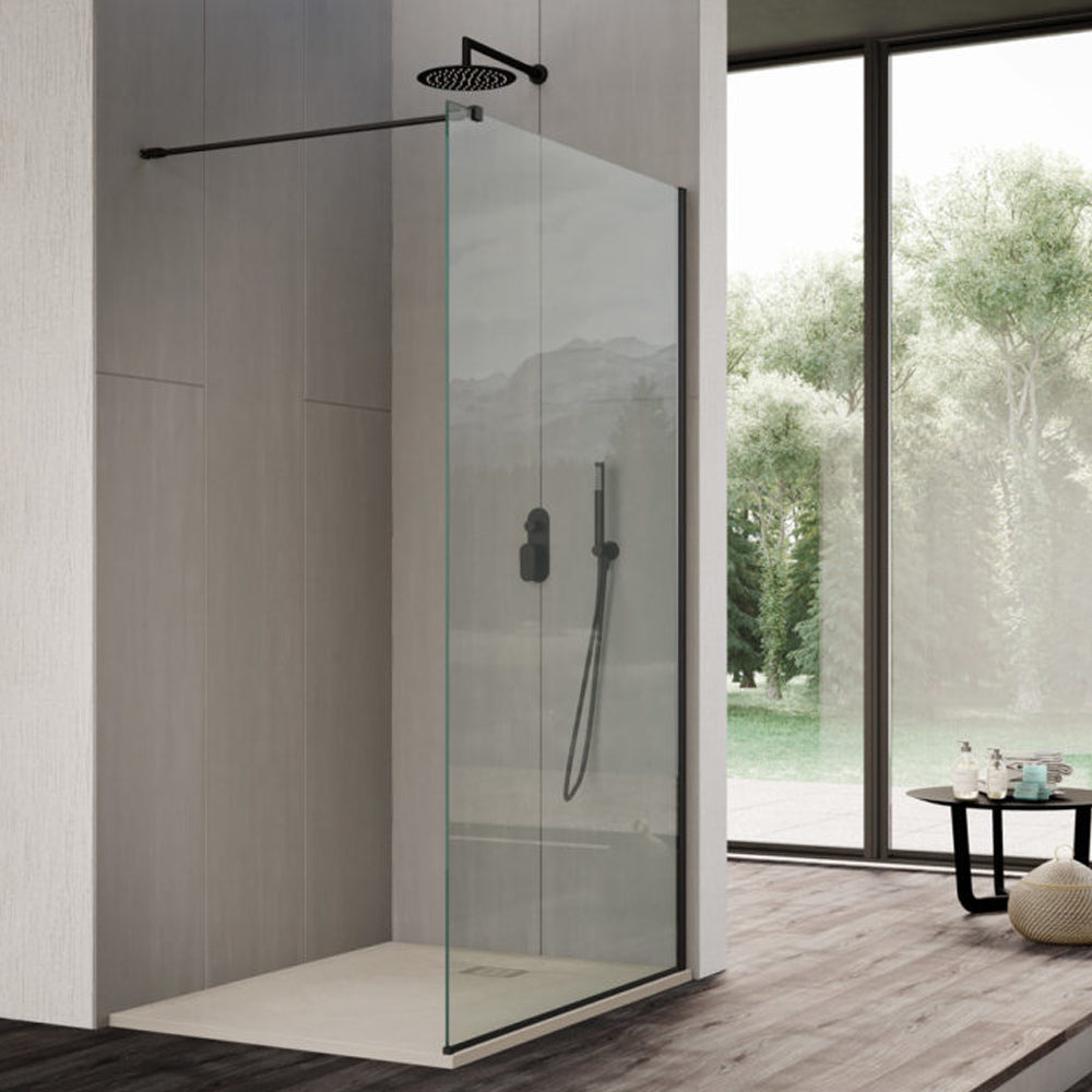 Parete doccia Walk In cm 100 in cristallo temperato trasparente 8mm collezione Beauty Carbon con profili neri by CeramicStore | Lo specialista del tuo bagno