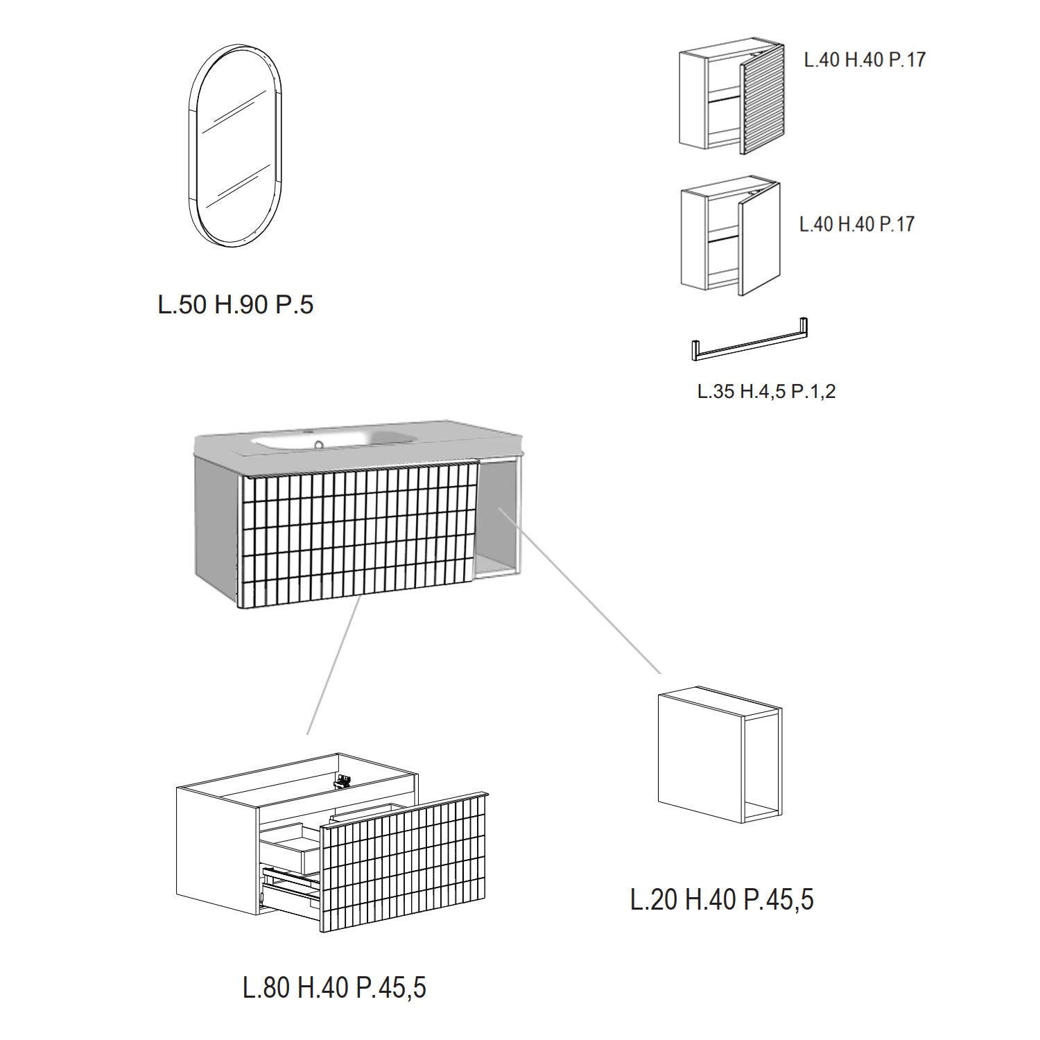 Composizione bagno sospesa con lavabo, specchio e pensili 100+40x200hx46 cm PIX2 by CeramicStore | Lo specialista del tuo bagno
