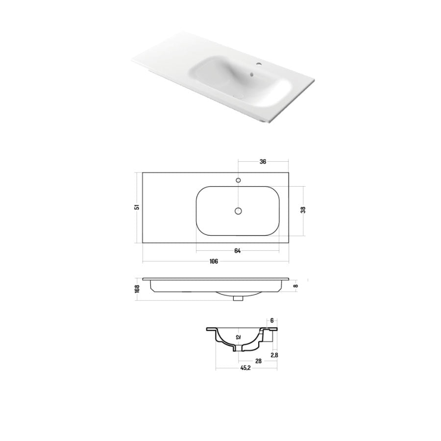 Lavabo da incasso con piano appoggio sulla sinistra in ceramica bianca lucida 106x51cm serie Soft Disegno-Ceramica by CeramicStore | Lo specialista del tuo bagno