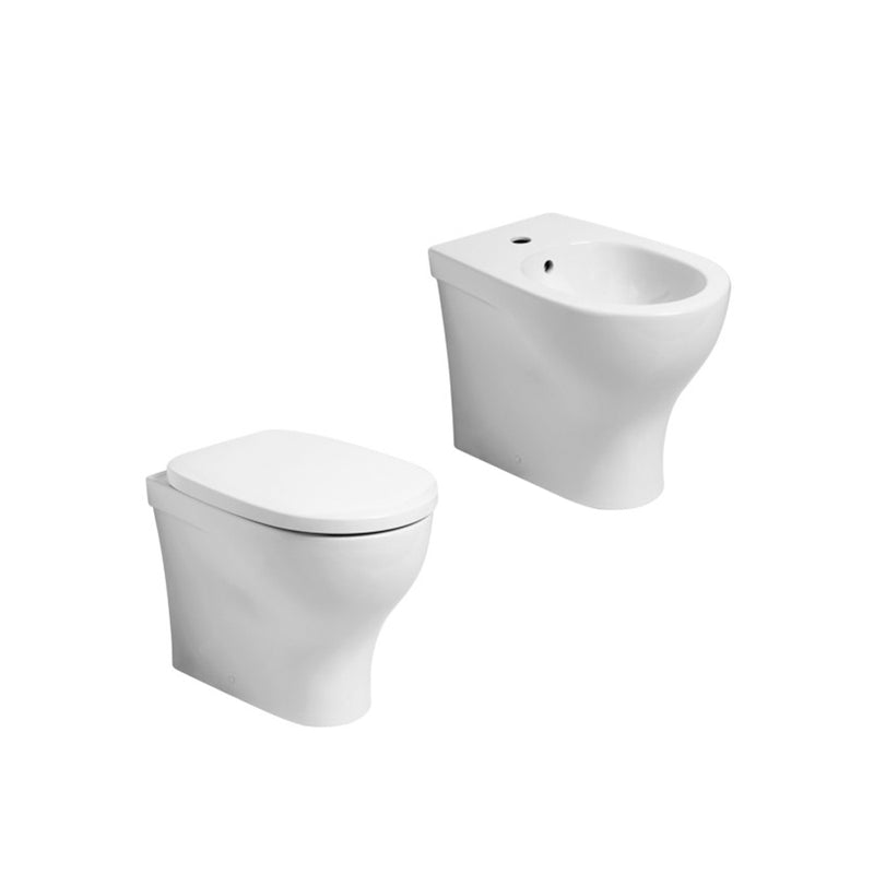 Sanitari filomuro Experience-bidet wc senza brida con scarico traslato e sedile soft close 54