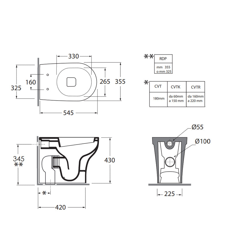 Sanitari filomuro Experience-bidet wc senza brida con scarico traslato e sedile soft close 54