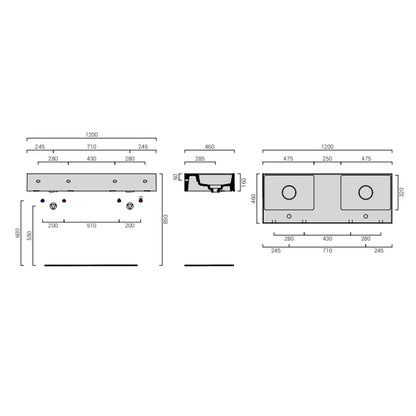 Lavabo lavatrucco doppia vasca Domus Falerii 120x46 cm installazione sospesa o da appoggio by CeramicStore | Lo specialista del tuo bagno