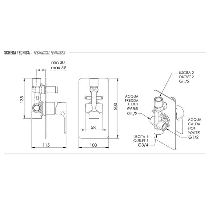 Miscelatore Monocomando doccia con Deviatore completo di corpo incasso e piastra lusso rettangolare collezione Energy di Remer Rubinetterie by CeramicStore | Lo specialista del tuo bagno