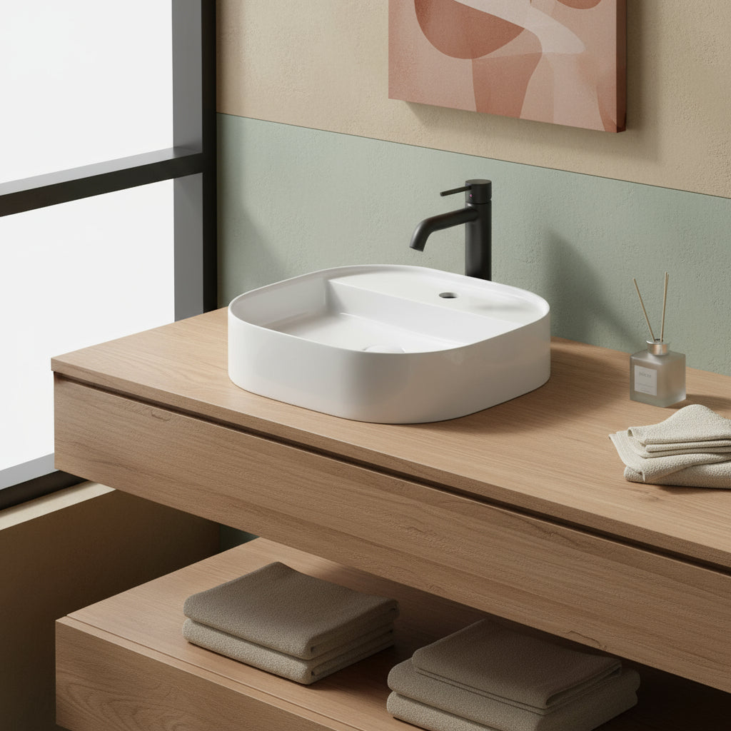 Lavabo da appoggio con angoli stondati serie Smart-B di Ceramica Galassia -  Bianco lucido 45cm