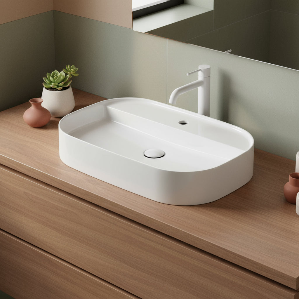 Lavabo da appoggio rettangolare con angoli stondati serie Smart-B di Ceramica Galassia -  Bianco lucido 65x45cm