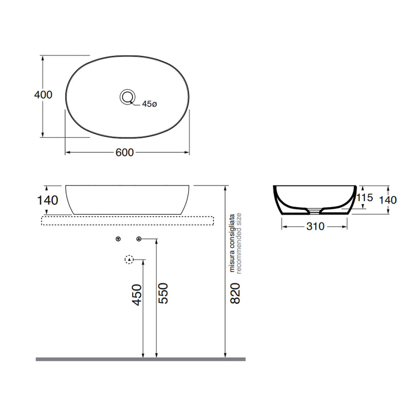 Lavabo da Appoggio modello Elegance 60x40 Ceramica Azzurra con bordo sottile