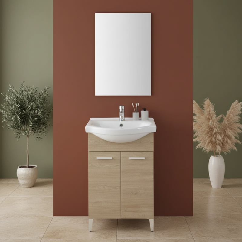 Mobile Bagno a Terra 55 Cm Due Ante Specchio 48x73 Cm Cubi&Co "Stella" Rovere Dolomite