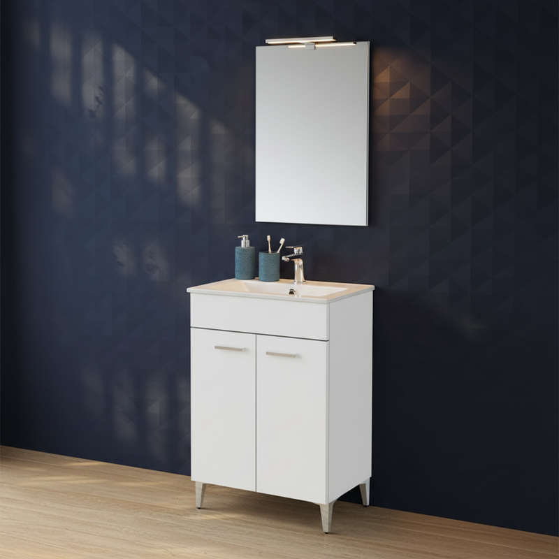 Mobili Bagno a Terra 60 Cm Due Ante Specchio Con Lampada Led 50x70 Cm Cubi&Co "Greta" Bianco Lucido